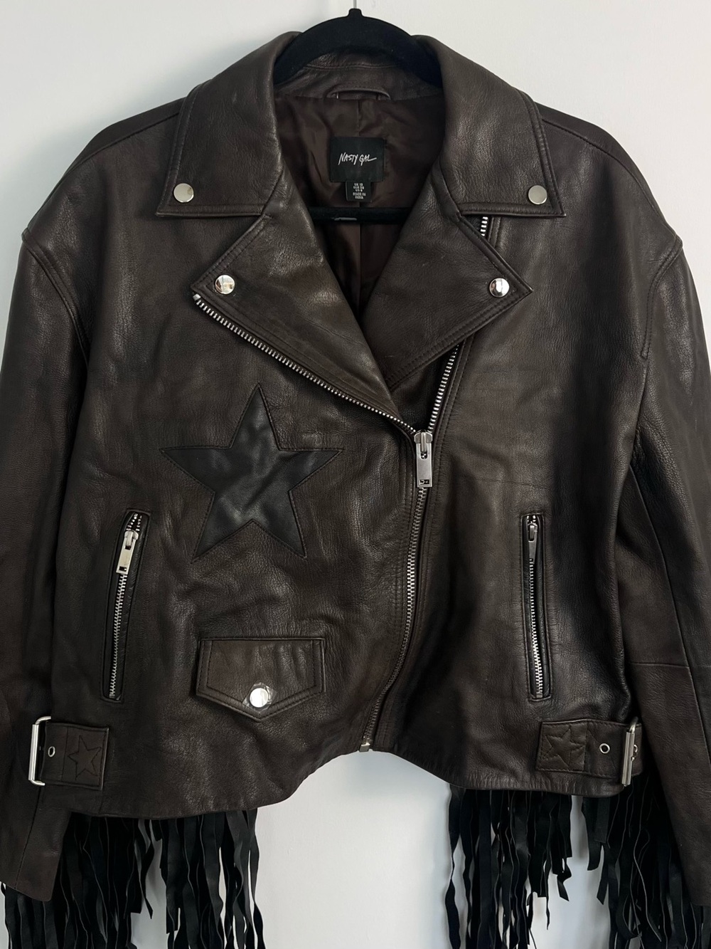 Nasty Gal Brown Leather Fringe Moto Jacket with Black Star - Picture 3 of 13